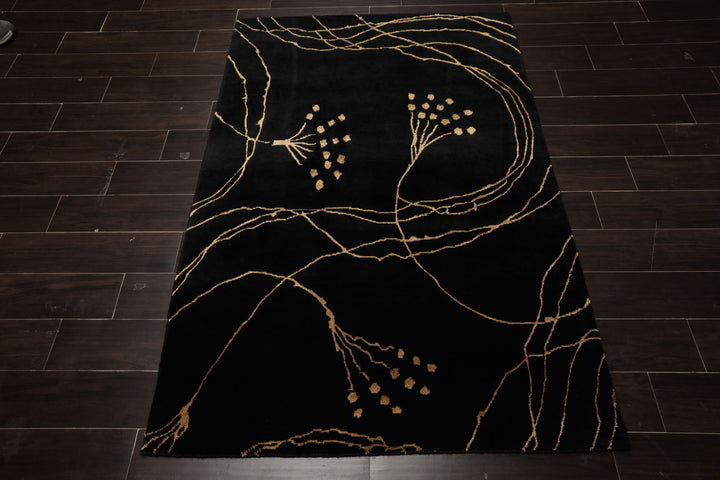 4x6 Black, Gold, Color Hand Knotted Tibetan Wool & Silk Contemporary Oriental Rug