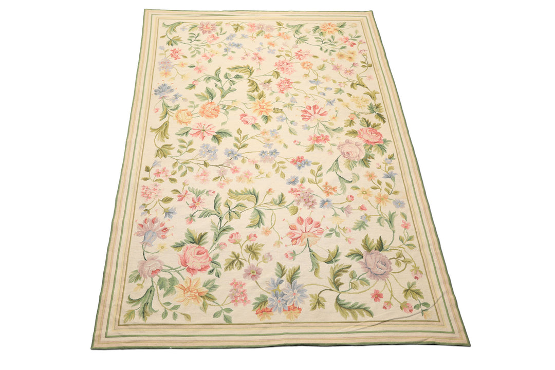 6x9 Ivory, Lime, Blue Color Hand Woven French Needlepoint Aubusson Wool Traditional Oriental Rug