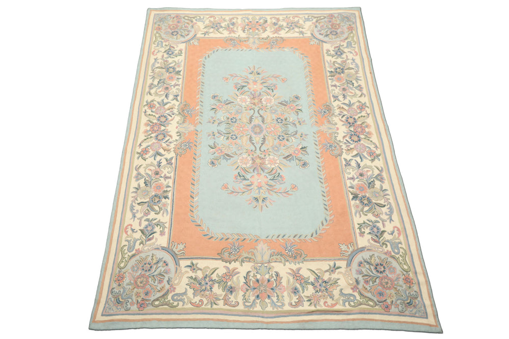 6x9 Aqua, Blush, Ivory Color Hand Woven Chainstitch Wool Traditional Oriental Rug