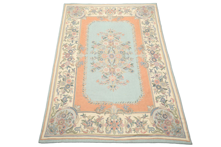 6x9 Aqua, Blush, Ivory Color Hand Woven Chainstitch Wool Traditional Oriental Rug