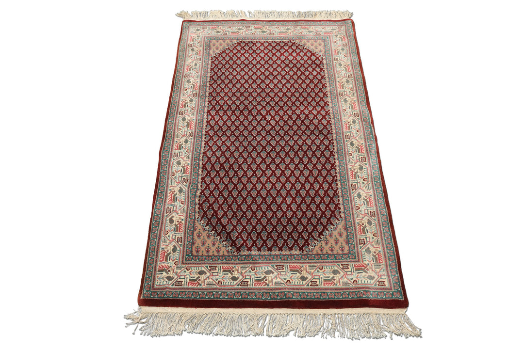 3x5 Maroon, Ivory, Aqua Color Hand Knotted Boteh Wool Traditional Oriental Rug