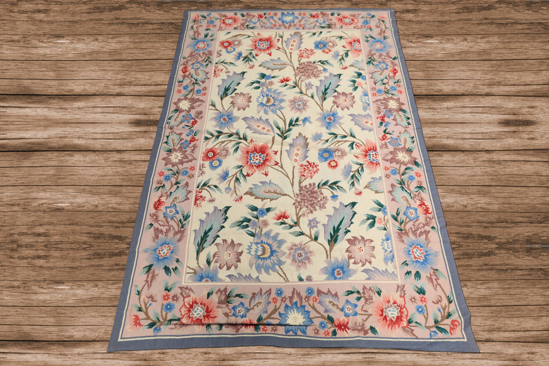 4x6 Ivory, Blush, Blue Color Hand Knotted French Needlepoint Aubusson Wool Traditional Oriental Rug