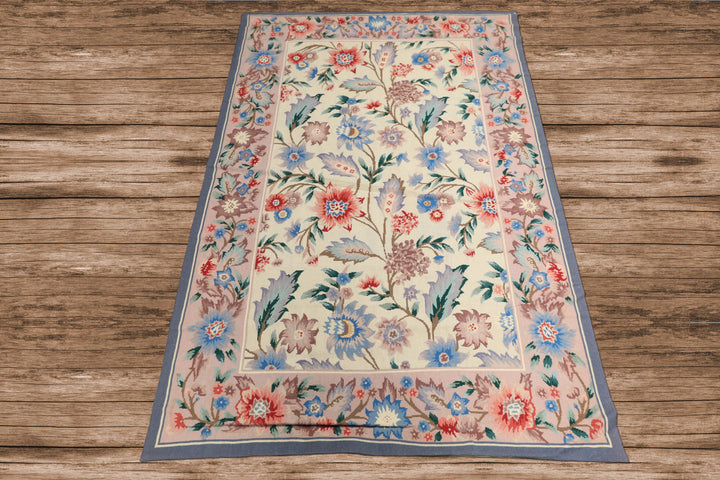4x6 Ivory, Blush, Blue Color Hand Knotted French Needlepoint Aubusson Wool Traditional Oriental Rug