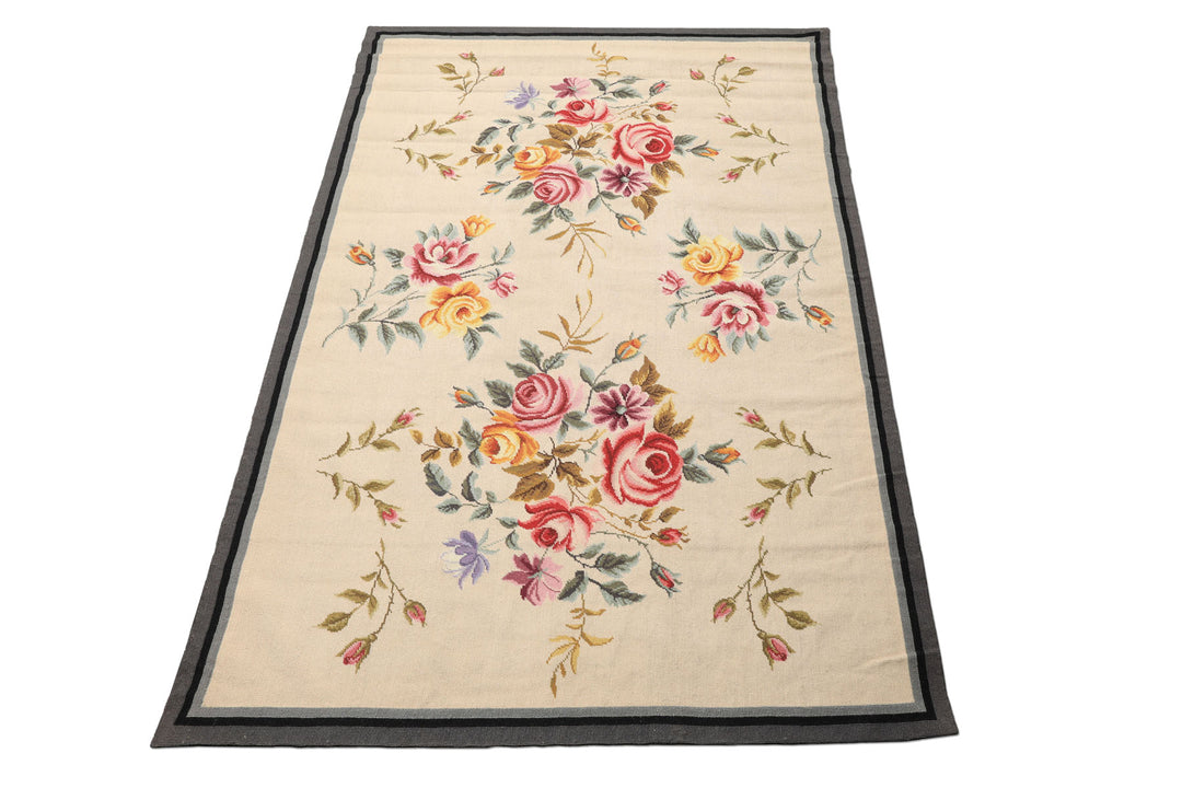 4x6 Ivory, Gray, Black Color Hand Knotted French Needlepoint Aubusson Wool Traditional Oriental Rug