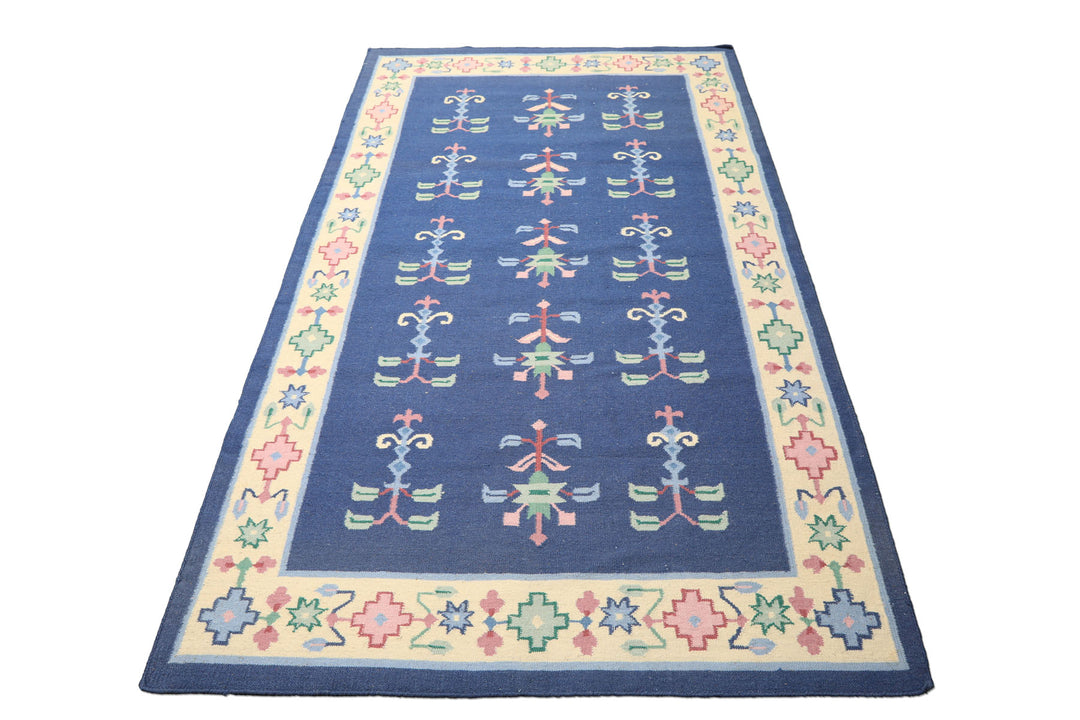 5x8 Blue, Ivory, Blush Color Hand Woven Dhurry Kilim Wool Transitional Oriental Rug