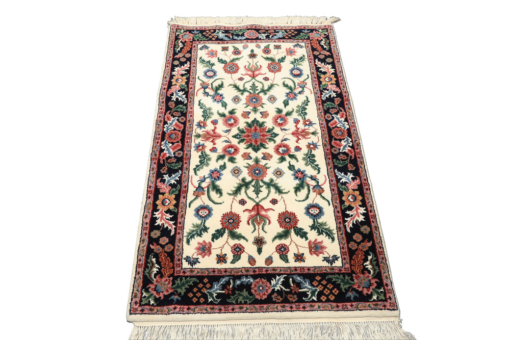 3x5 Ivory, Midnight Blue, Green Color Hand Knotted Indo Kashan Wool Traditional Oriental Rug