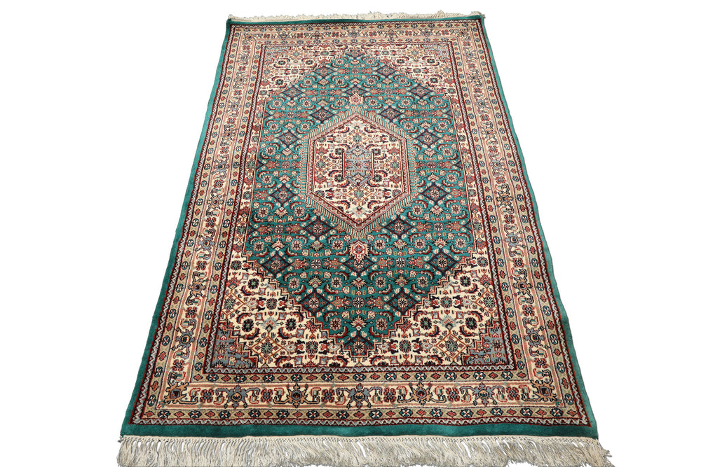 4x6 Green, Ivory, Rust Color Hand Knotted Indo Tabriz Wool Traditional Oriental Rug