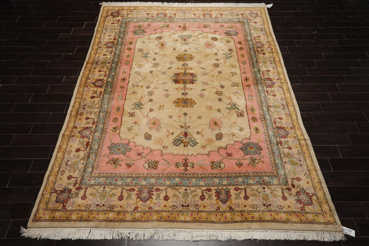 9x12 Ivory, Rose, Aqua Color Hand Knotted Oushak New Zealand Wool Traditional Oriental Rug
