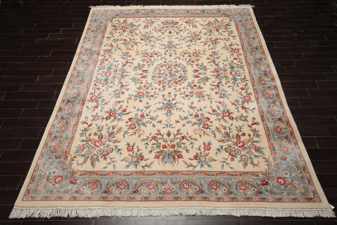 9x12 Ivory, Blue, Pink Color Hand Knotted Kerman New Zealand Wool Traditional Oriental Rug