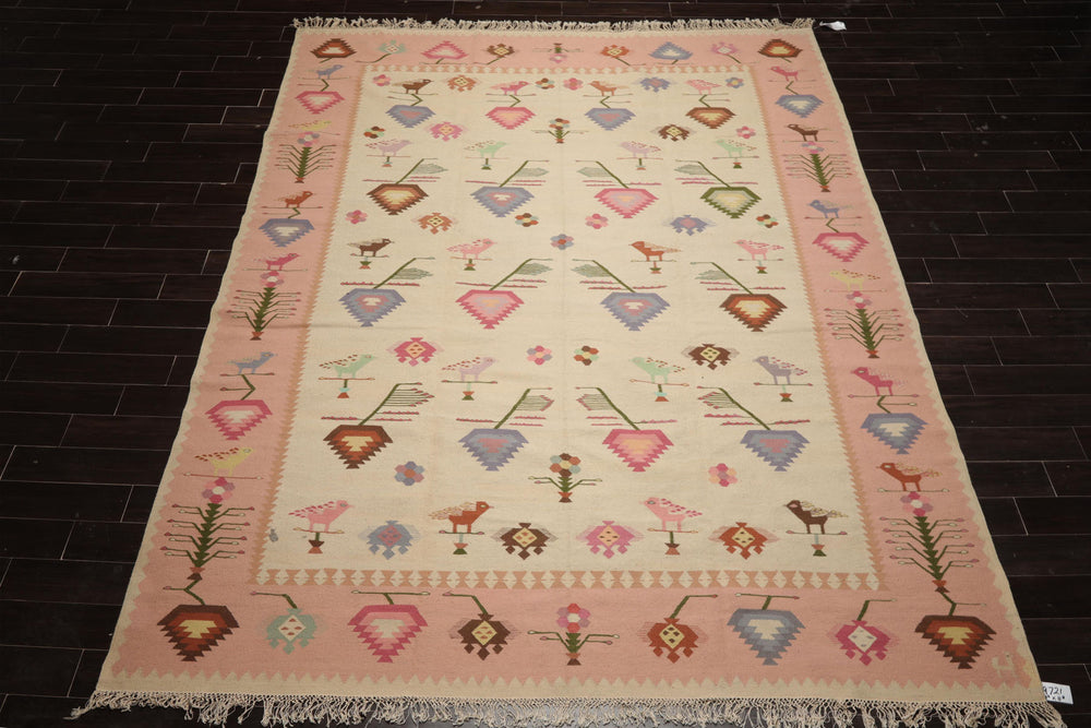9x12 Ivory, Pink, Lavender Color Hand Woven Kilim Wool Tribal Oriental Rug