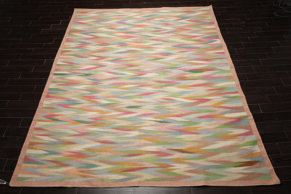 9x12 Ivory, Rose, Orange Color Hand Woven Kilim Wool Modern Oriental Rug