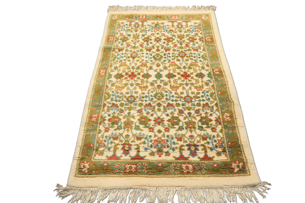 4x6 Ivory, Lime, Turquoise Color Hand Knotted Indo Kashan Wool Traditional Oriental Rug