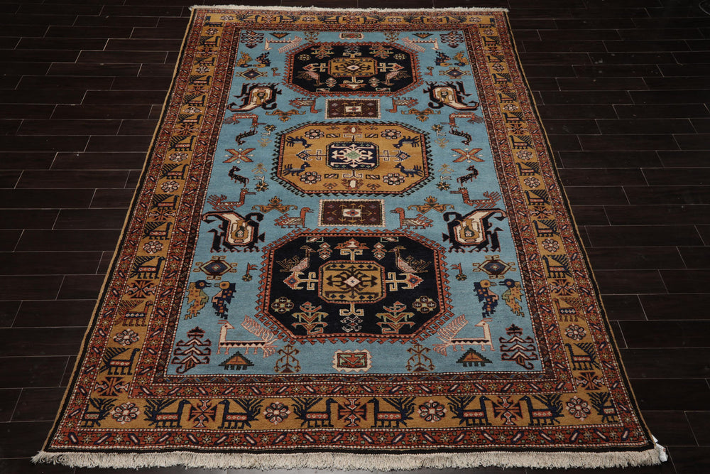 8x10 Blue, Gold, Chocolate Color Hand Knotted Kazak Wool Traditional Oriental Rug