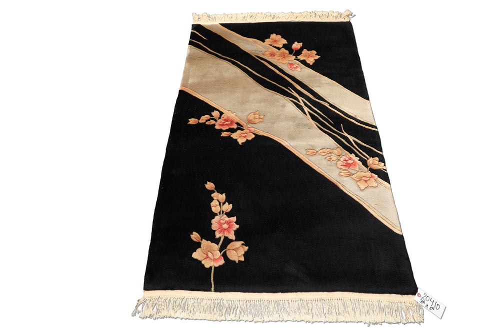 3x5 Black, Gray, Peach Color Hand Knotted Chinese Art Deco Wool Transitional Oriental Rug