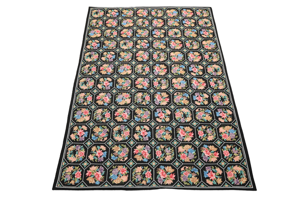 5x8 Black, Pink, Blue Color Hand Woven French Savonerrie Needlepoint Wool Traditional Oriental Rug