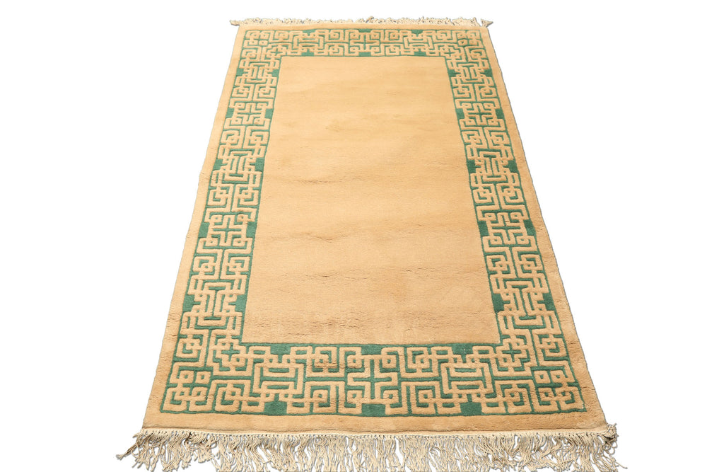 4x6 Tan, Green, Color Hand Knotted Indo Tibetan Wool Transitional Oriental Rug