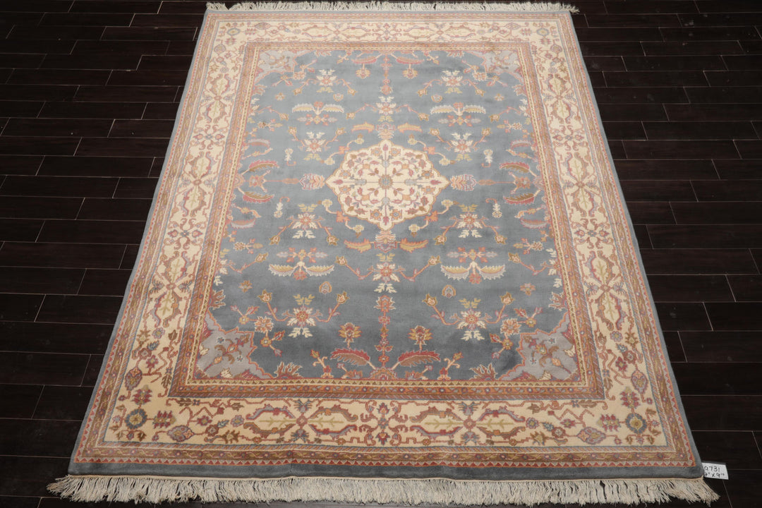 8x12 Blue, Ivory, Rose Color Hand Knotted Heriz New Zealand Wool Traditional Oriental Rug