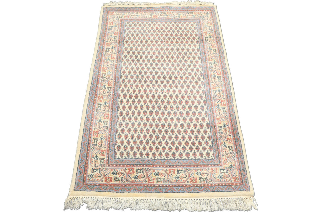 3x5 Ivory, Rose, Blue Color Hand Knotted Boteh Wool Traditional Oriental Rug