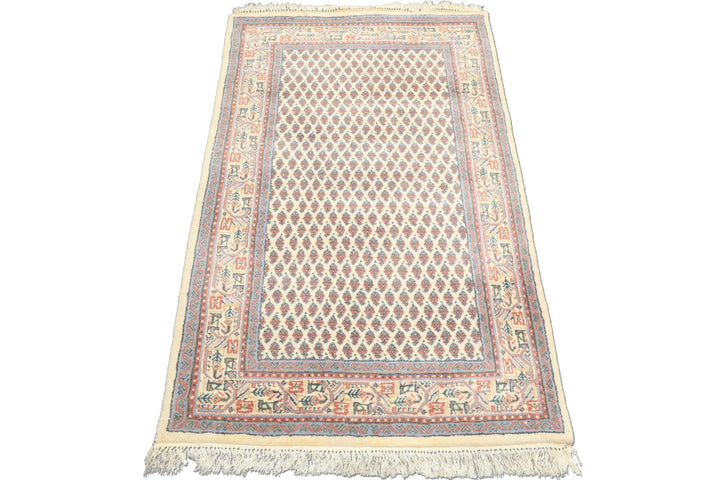 3x5 Ivory, Rose, Blue Color Hand Knotted Boteh Wool Traditional Oriental Rug