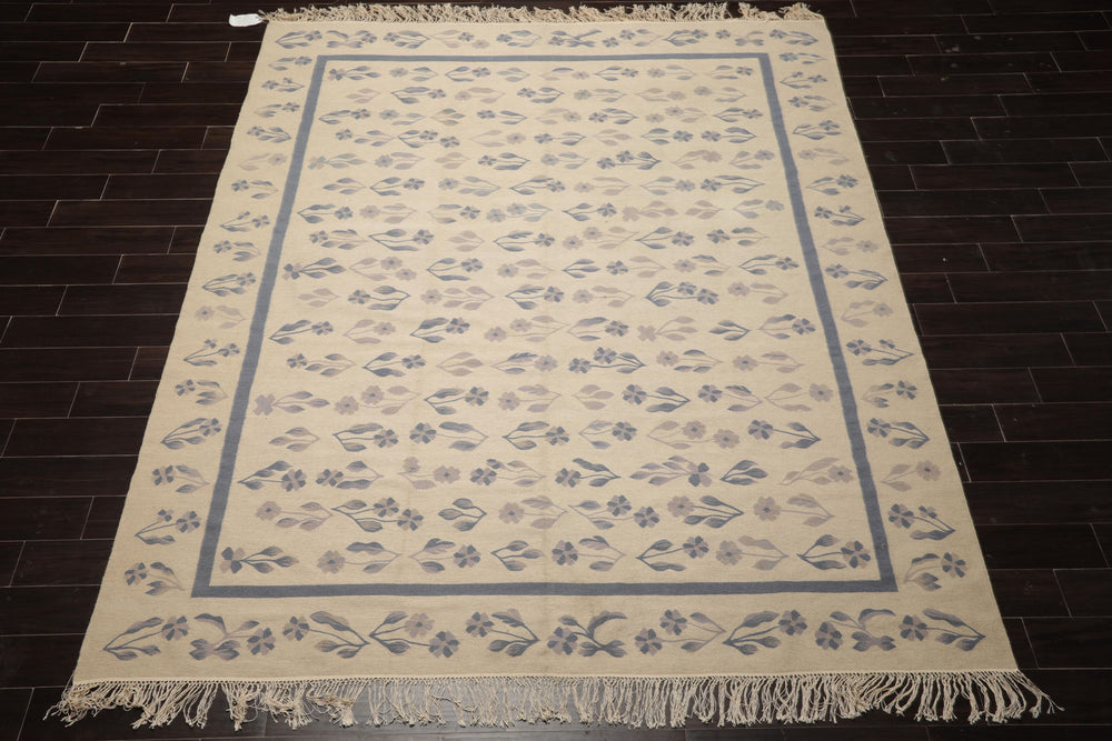 8x10 Ivory, taupe, Blue Color Hand Woven Kilim Wool Traditional Oriental Rug