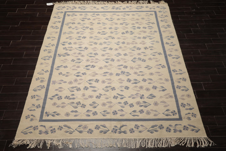 8x10 Ivory, taupe, Blue Color Hand Woven Kilim Wool Traditional Oriental Rug