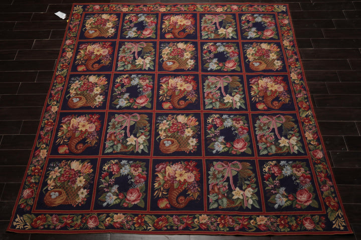 Square Navy, Rust, Orange Color Hand Woven Aubusson Needlepoint Wool Traditional Oriental Rug