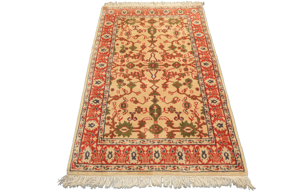 4x6 Ivory, Teracotta, Green Color Hand Knotted Indo Kashan Wool Traditional Oriental Rug