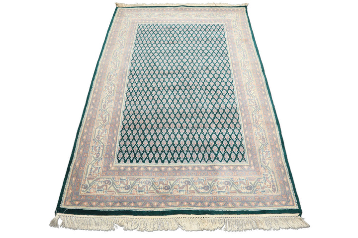 4x6 Emerald, Rose, Ivory Color Hand Knotted Boteh Wool Traditional Oriental Rug