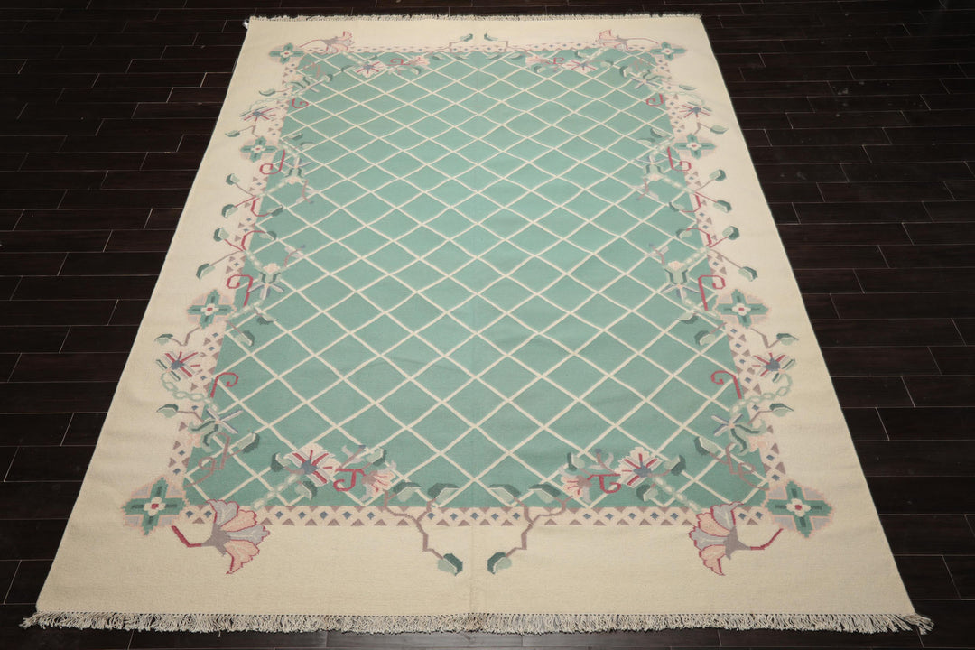 9x12 Aqua, Ivory, Rust Color Hand Woven Kilim Wool Traditional Oriental Rug