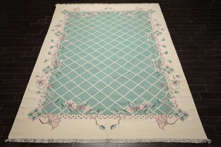 9x12 Aqua, Ivory, Rust Color Hand Woven Kilim Wool Traditional Oriental Rug