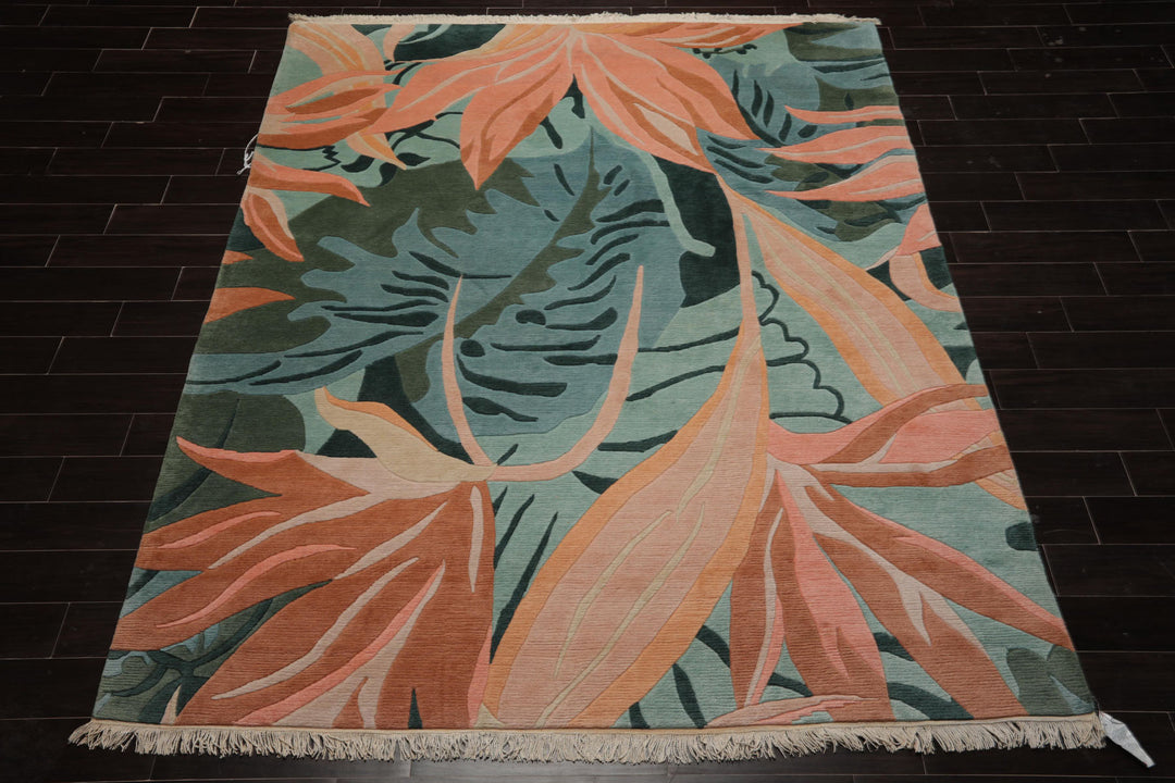 8x10 Turquoise, Aqua, Cream Color Hand Knotted Tibetan Wool Contemporary Oriental Rug