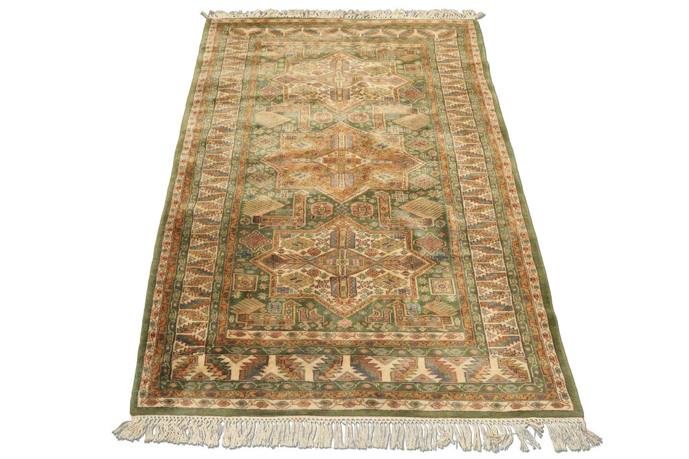 4x6 Green, Ivory, Tan Color Hand Knotted Kazak Wool Traditional Oriental Rug