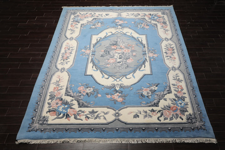 9x12 Blue, ivory, Gray Color Hand Knotted French Aubusson Savonnerie New Zealand Wool Traditional Oriental Rug