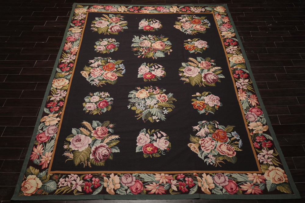 9x12 Charcoal, Ivory, Gold Color Hand Woven Aubusson Needlepoint Wool Traditional Oriental Rug