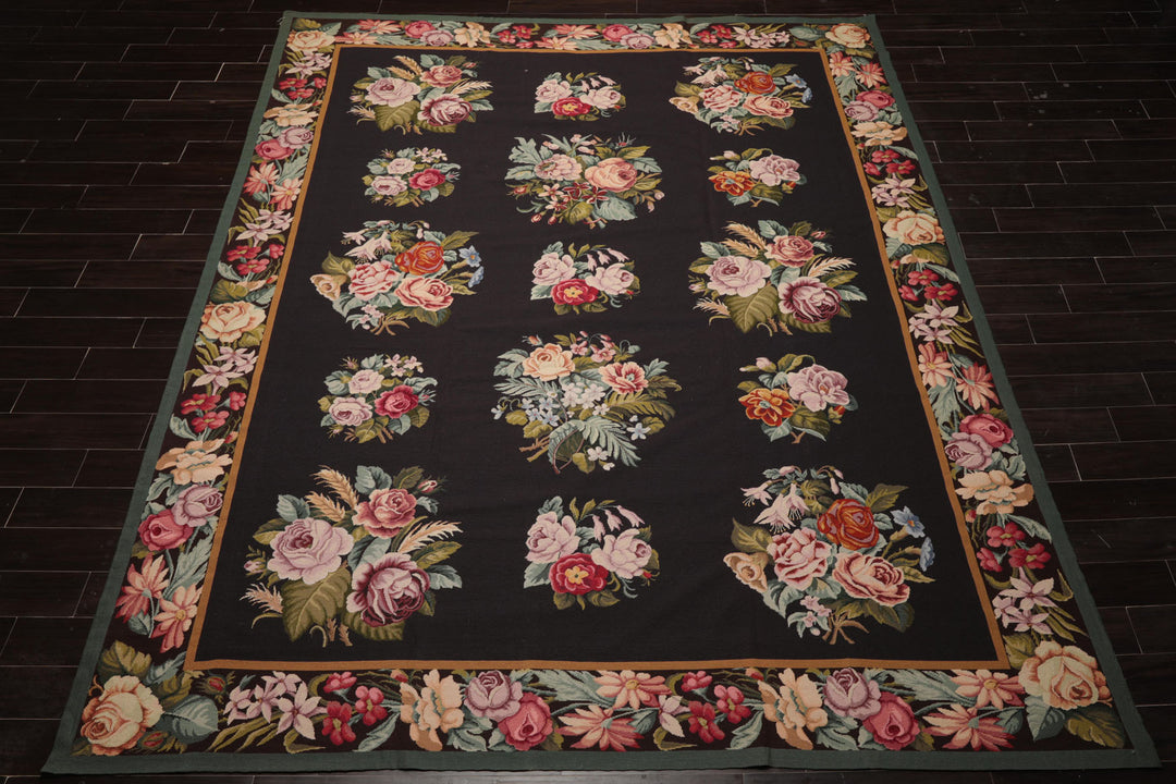 9x12 Charcoal, Ivory, Gold Color Hand Woven Aubusson Needlepoint Wool Traditional Oriental Rug
