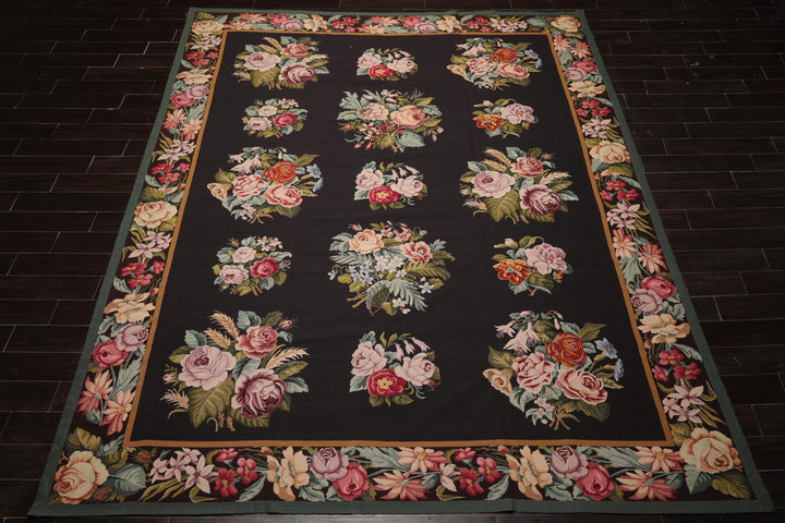 9x12 Charcoal, Ivory, Gold Color Hand Woven Aubusson Needlepoint Wool Traditional Oriental Rug