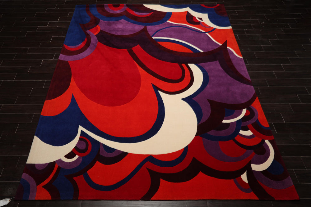 9x12 Red, Orange, Royal Blue Color Hand Hooked Art Deco New Zealand Wool Contemporary Oriental Rug