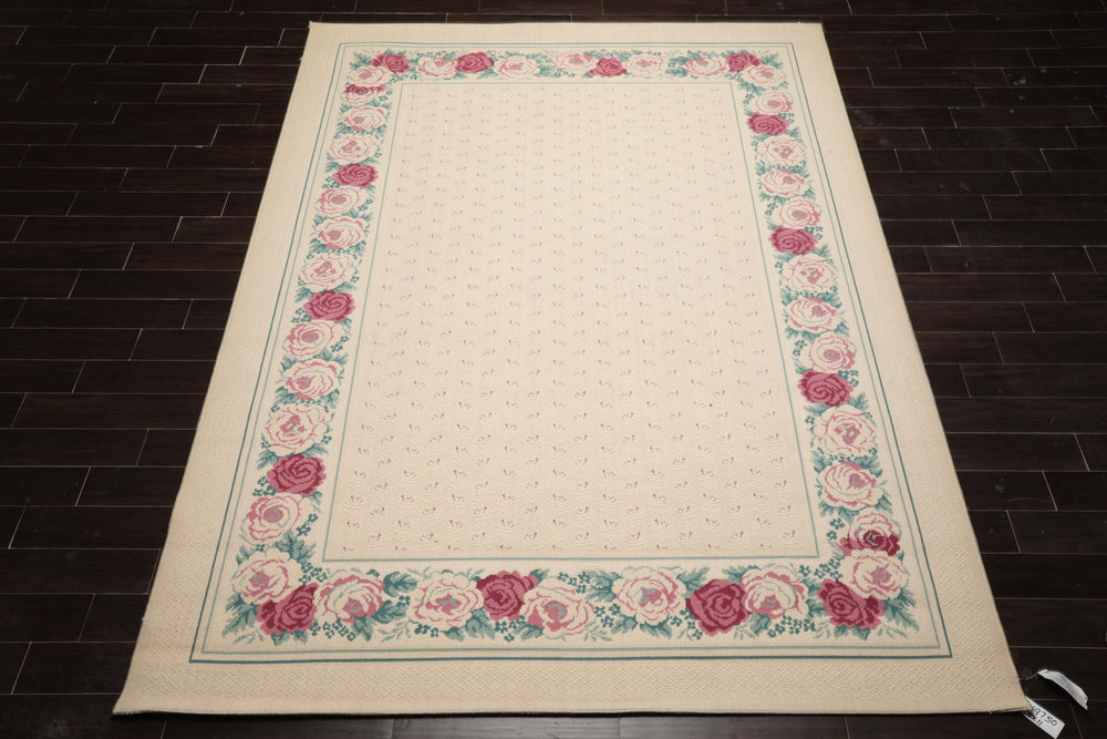 8x11 Ivory, Aqua, Rose Color Machine Made Loop Pile New Zealand Wool Transitional Oriental Rug