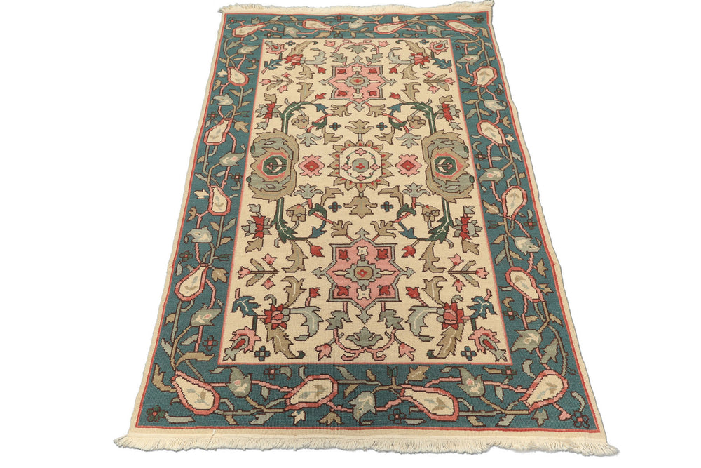 4x6 Ivory, Turquiose, Moss Color Hand Knotted Nourison Nourmak Soumak Wool Traditional Oriental Rug