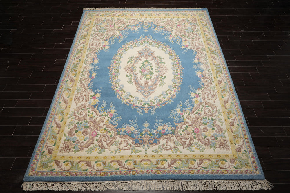 9x12 Blue, Ivory, Gold Color Hand Knotted French Aubusson Savonnerie New Zealand Wool Traditional Oriental Rug