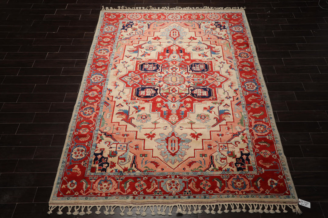 8x10 Ivory, Burnt Orange, Navy Color Hand Knotted Serapi New Zealand Wool Traditional Oriental Rug