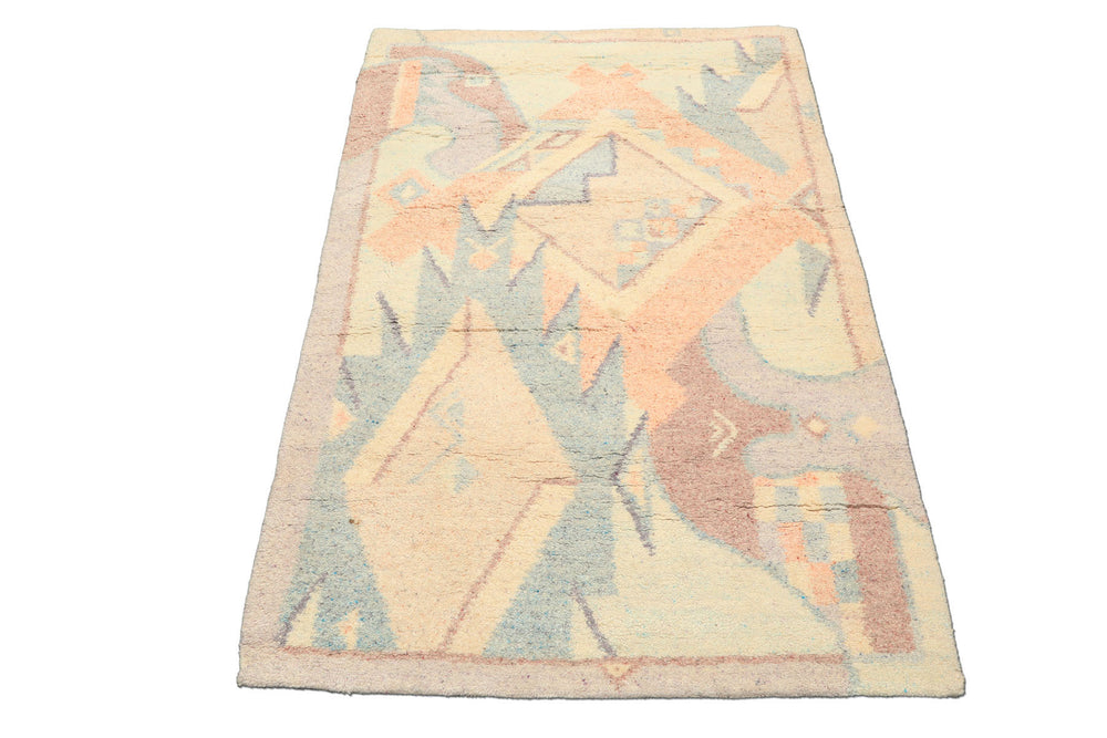 4x6 Ivory, Aqua, Lavender Color Hand Knotted Indo Tibetan Wool Art Deco Oriental Rug