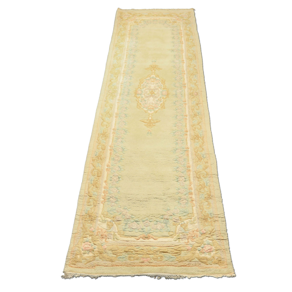 Runner Faded Mint, Aqua, Blush Color Hand Knotted French Aubusson savonnerie Wool Traditional Oriental Rug