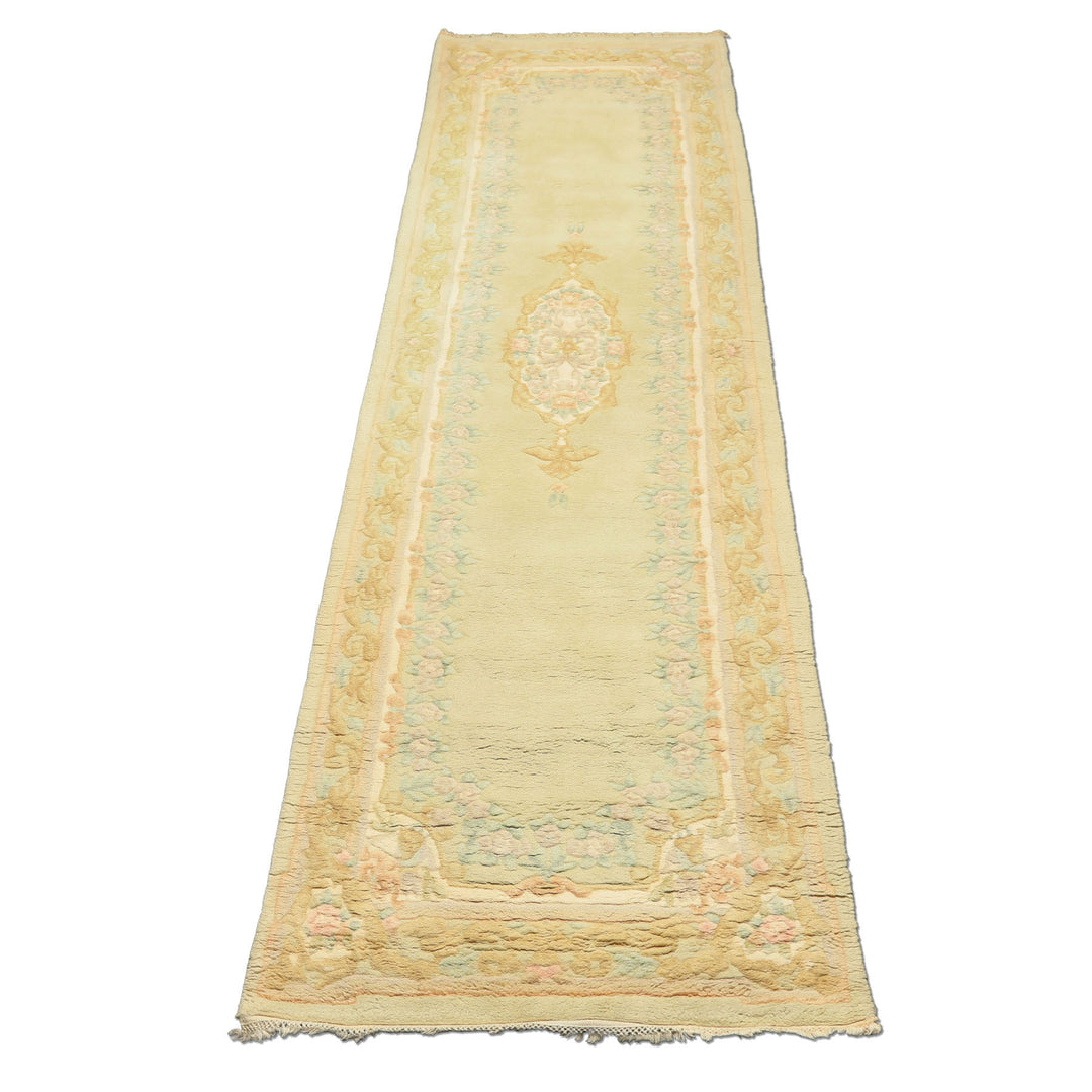 Runner Faded Mint, Aqua, Blush Color Hand Knotted French Aubusson savonnerie Wool Traditional Oriental Rug