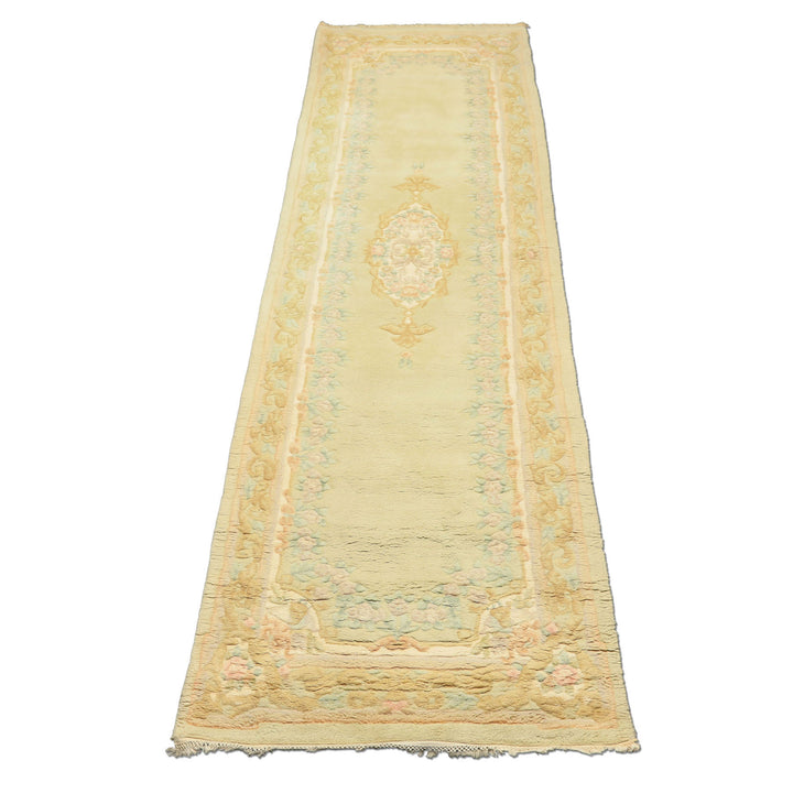 Runner Faded Mint, Aqua, Blush Color Hand Knotted French Aubusson savonnerie Wool Traditional Oriental Rug
