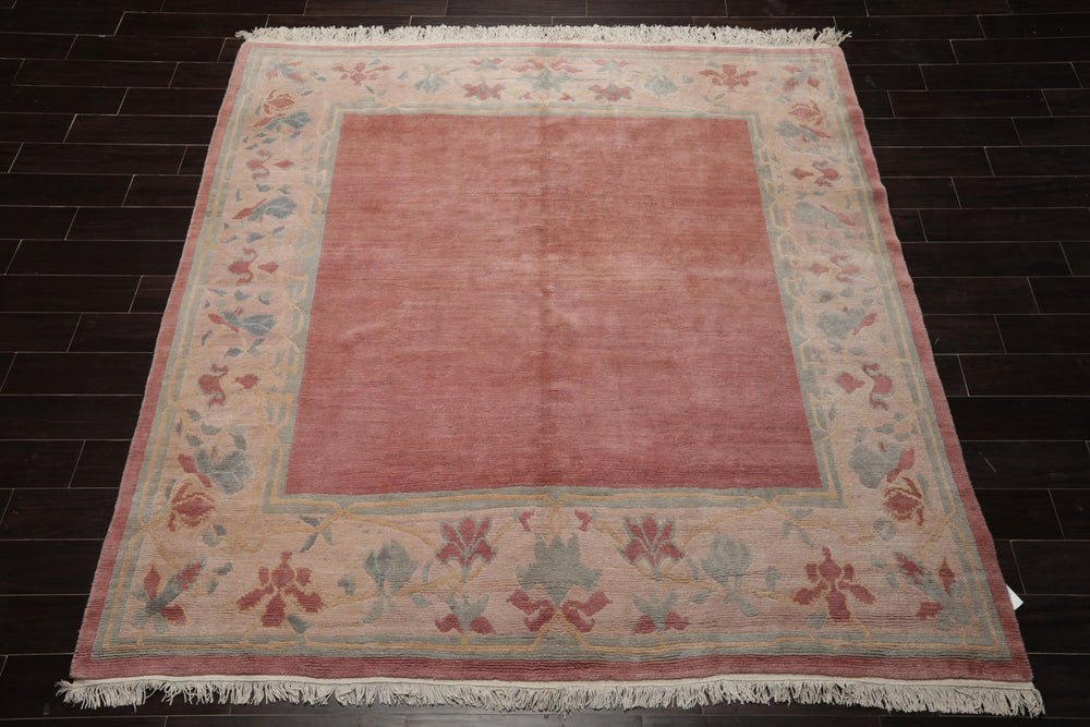 Square Rose, Taupe, Ivory Color Hand Knotted Tibetan Wool Contemporary Oriental Rug