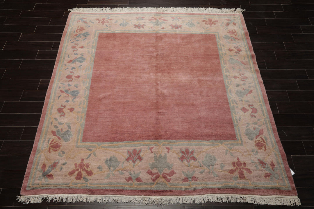 Square Rose, Taupe, Ivory Color Hand Knotted Tibetan Wool Contemporary Oriental Rug