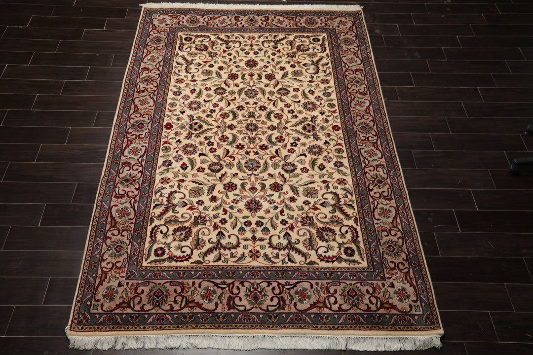 6x9 Ivory, Taupe, Red Color Hand Knotted Agra New Zealand Wool Traditional Oriental Rug