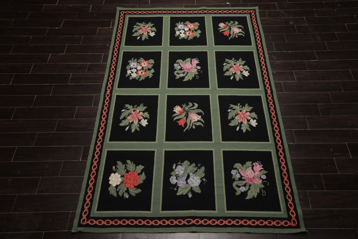 6x9 Black, Green, Rose Color Hand Woven Portugese Needlepoint Wool Traditional Oriental Rug