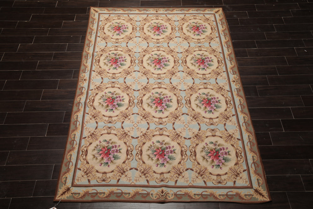 6x8 Aqua, Beige, Tan Color Hand Woven Aubusson Needlepoint Wool Traditional Oriental Rug